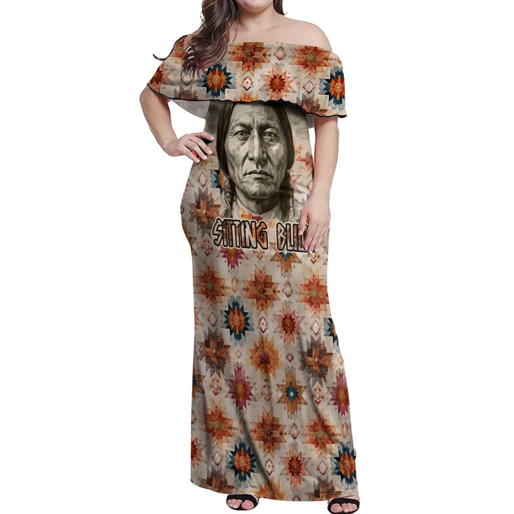 Sitting Bull Portrait Off Shoulder Maxi Dress Native American Tipi with Feathers and Spears Indigenous Pride - Wonder Print Shop