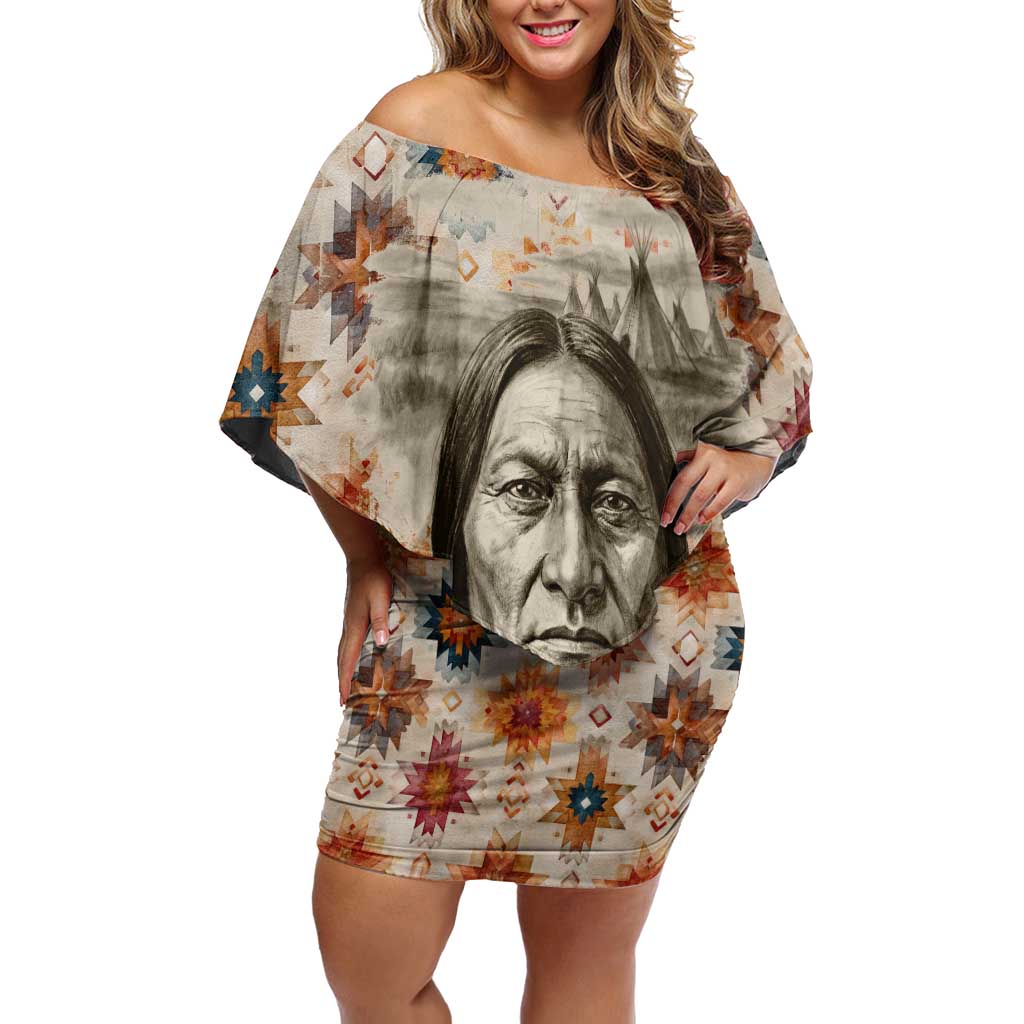 Sitting Bull Portrait Off Shoulder Short Dress Native American Tipi with Feathers and Spears Indigenous Pride - Wonder Print Shop
