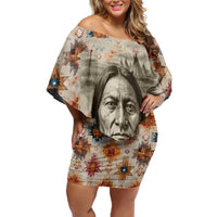 Sitting Bull Portrait Off Shoulder Short Dress Native American Tipi with Feathers and Spears Indigenous Pride - Wonder Print Shop