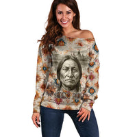 Sitting Bull Portrait Off Shoulder Sweater Native American Tipi with Feathers and Spears Indigenous Pride - Wonder Print Shop