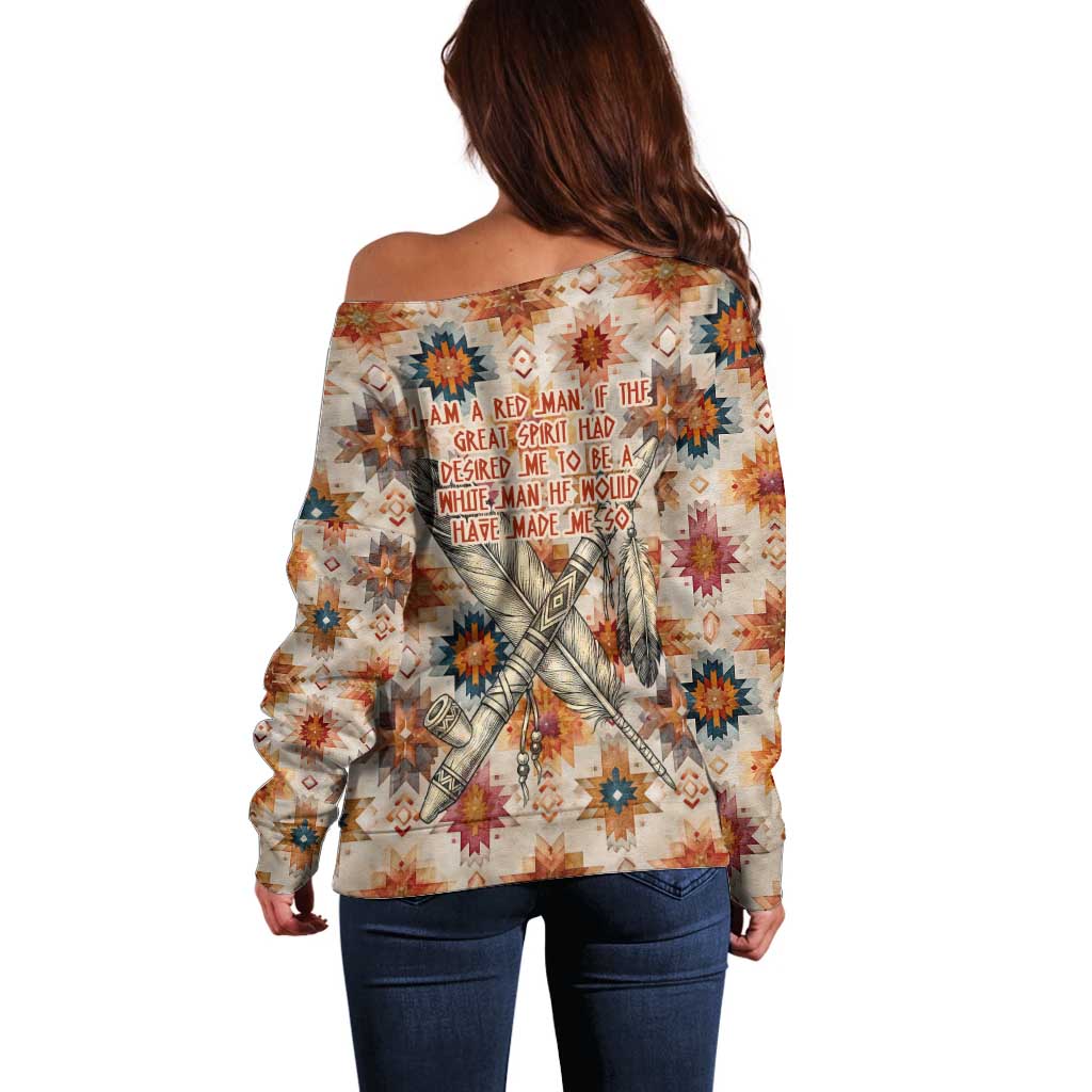 Sitting Bull Portrait Off Shoulder Sweater Native American Tipi with Feathers and Spears Indigenous Pride - Wonder Print Shop