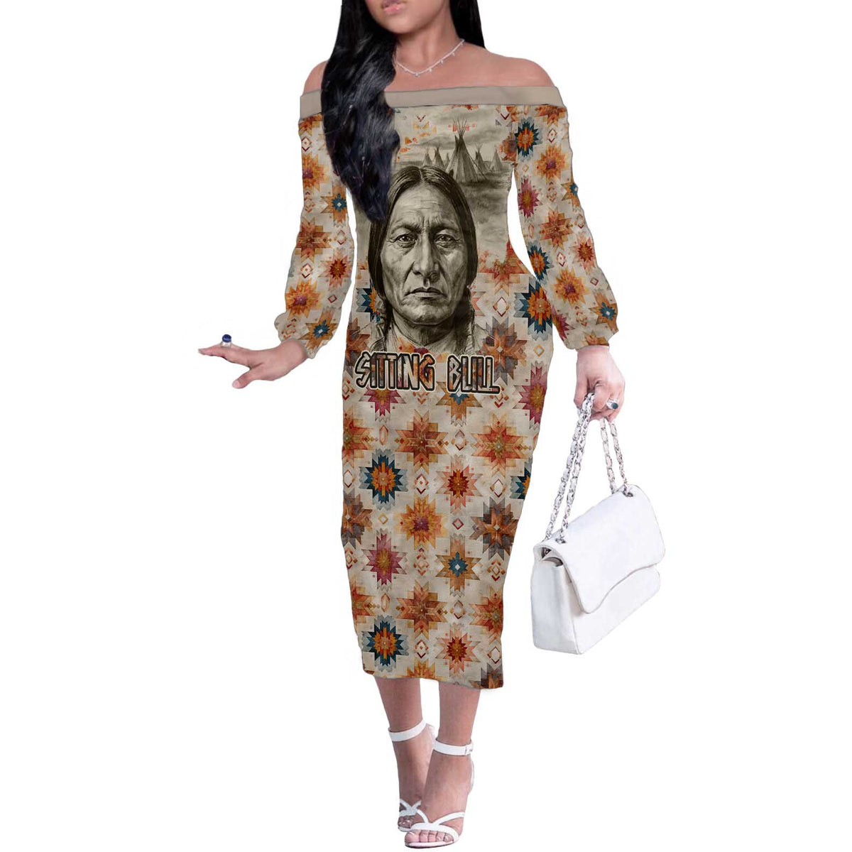 Sitting Bull Portrait Off The Shoulder Long Sleeve Dress Native American Tipi with Feathers and Spears Indigenous Pride - Wonder Print Shop