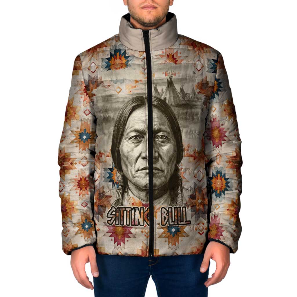 Sitting Bull Portrait Padded Jacket Native American Tipi with Feathers and Spears Indigenous Pride - Wonder Print Shop