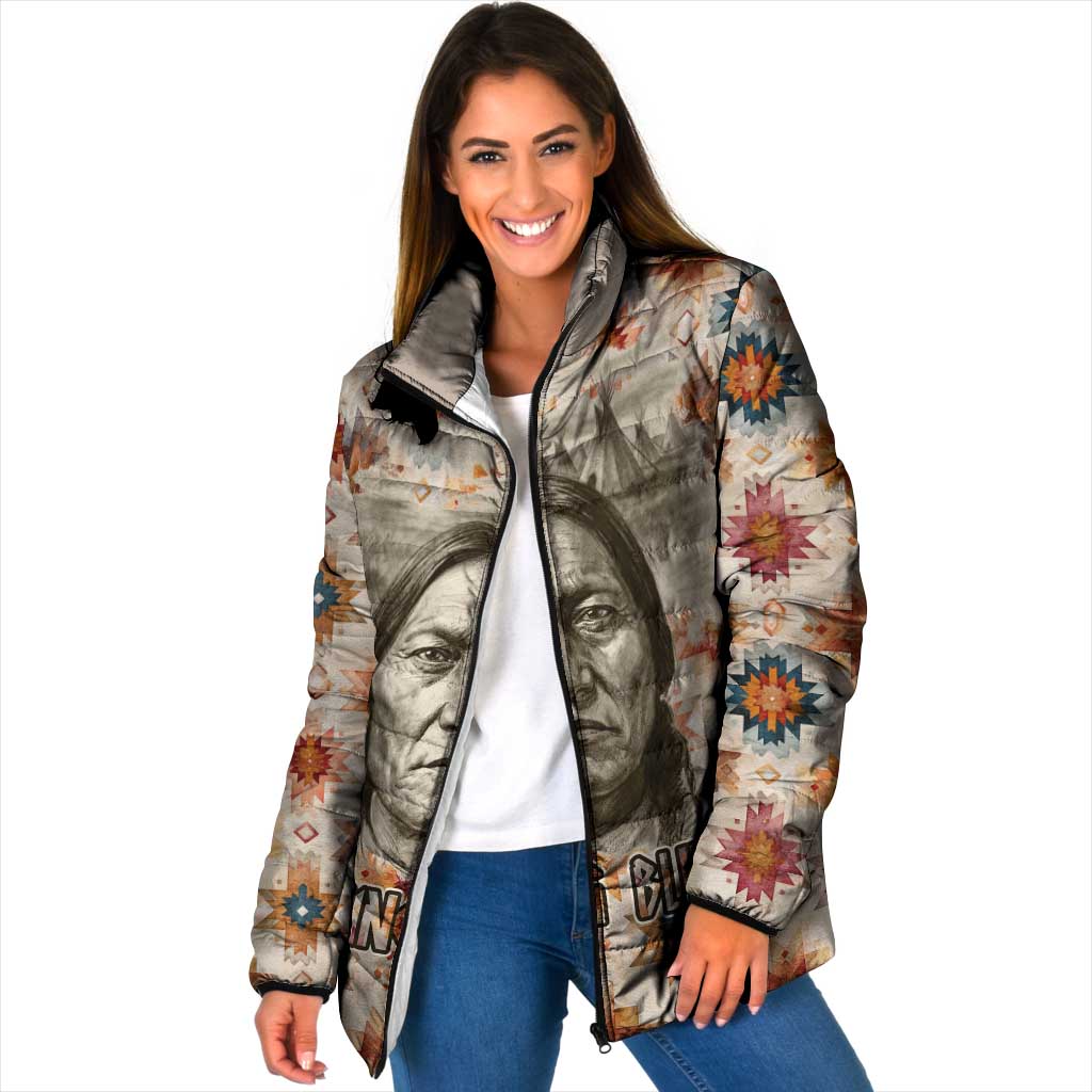 Sitting Bull Portrait Padded Jacket Native American Tipi with Feathers and Spears Indigenous Pride - Wonder Print Shop