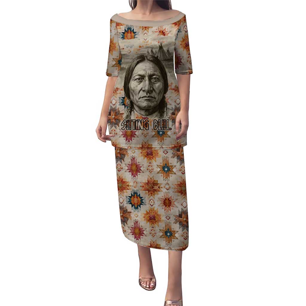 Sitting Bull Portrait Puletasi Native American Tipi with Feathers and Spears Indigenous Pride - Wonder Print Shop