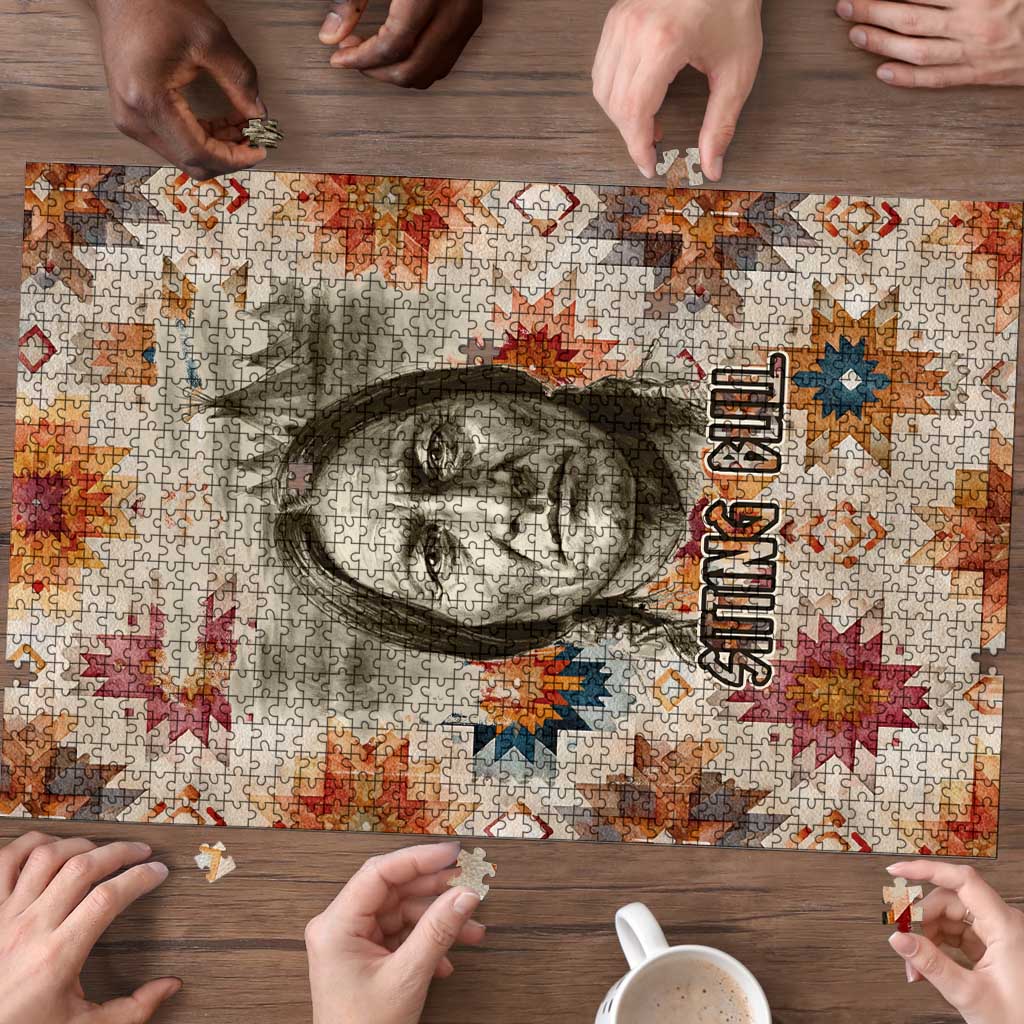 Sitting Bull Portrait Puzzle Native American Tipi with Feathers and Spears Indigenous Pride - Wonder Print Shop