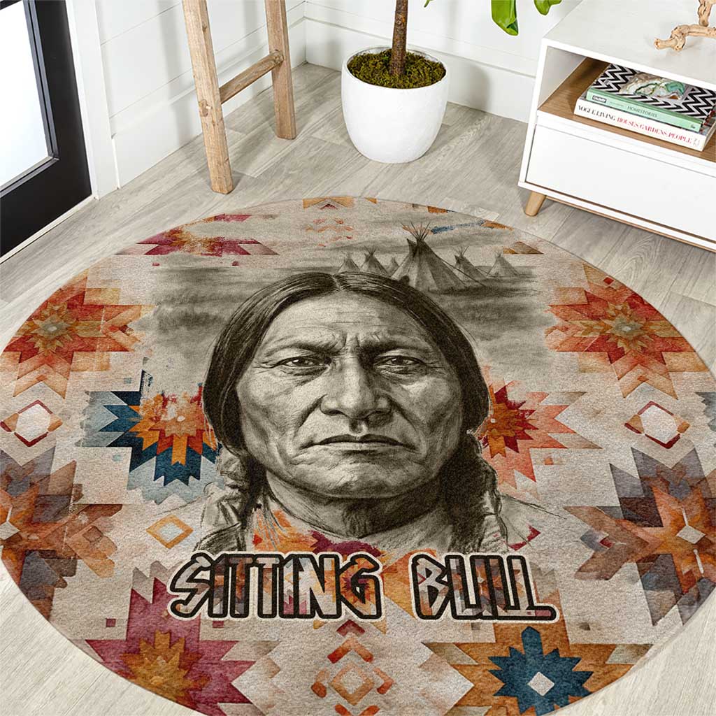 Sitting Bull Portrait Round Carpet Native American Tipi with Feathers and Spears Indigenous Pride - Wonder Print Shop
