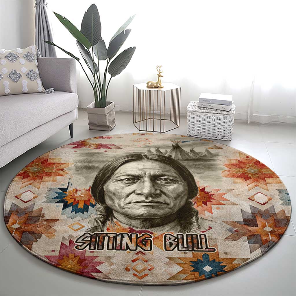 Sitting Bull Portrait Round Carpet Native American Tipi with Feathers and Spears Indigenous Pride - Wonder Print Shop