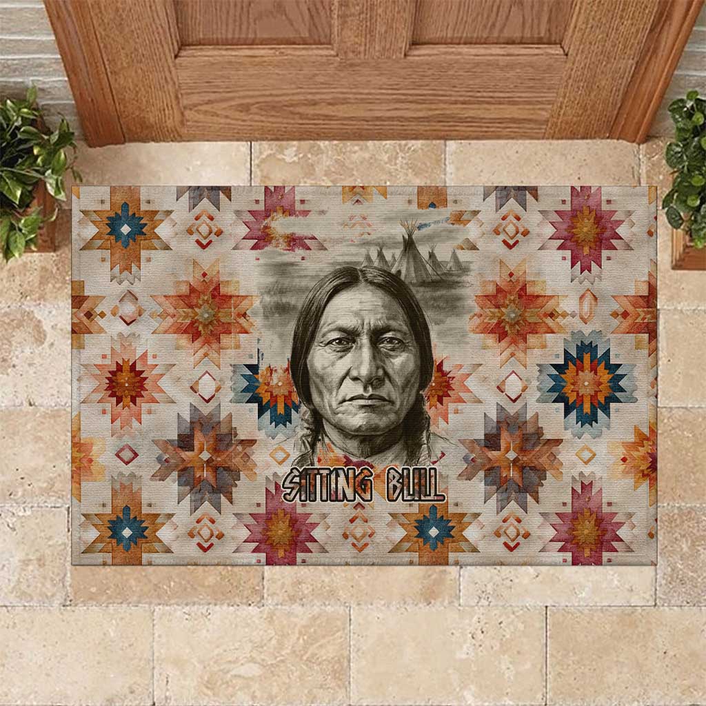 Sitting Bull Portrait Rubber Doormat Native American Tipi with Feathers and Spears Indigenous Pride - Wonder Print Shop