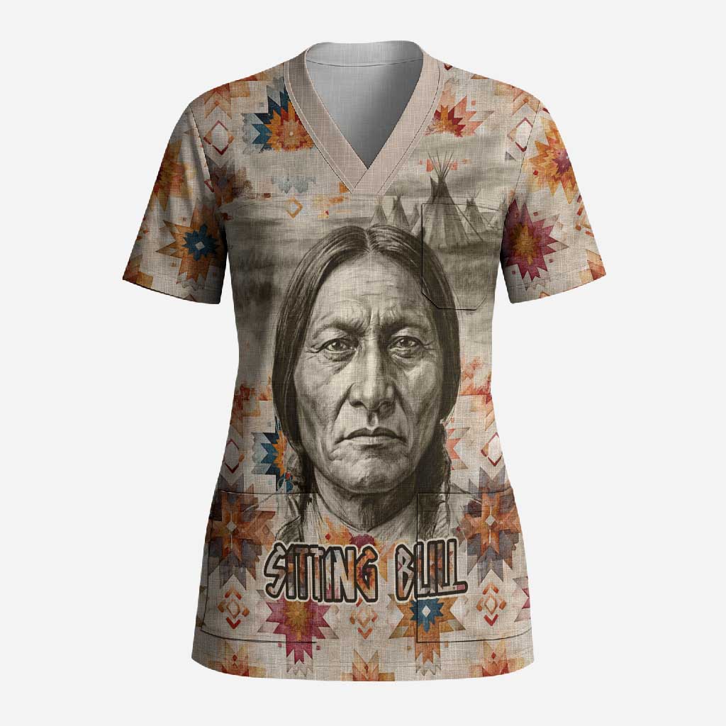 Sitting Bull Portrait Scrub Top Native American Tipi with Feathers and Spears Indigenous Pride - Wonder Print Shop