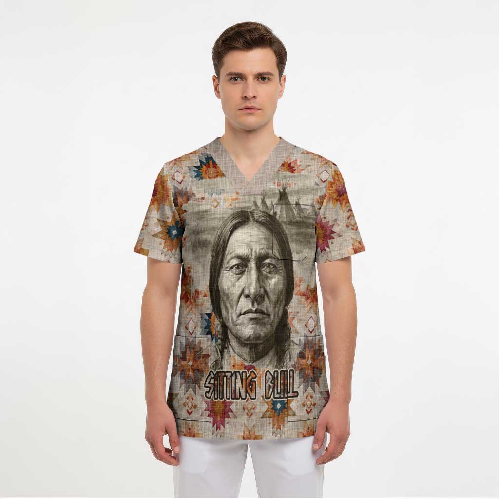 Sitting Bull Portrait Scrub Top Native American Tipi with Feathers and Spears Indigenous Pride - Wonder Print Shop