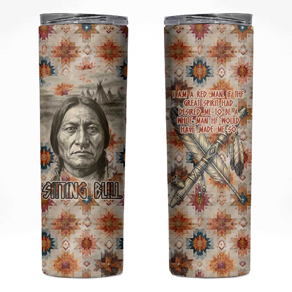 Sitting Bull Portrait Skinny Tumbler Native American Tipi with Feathers and Spears Indigenous Pride - Wonder Print Shop