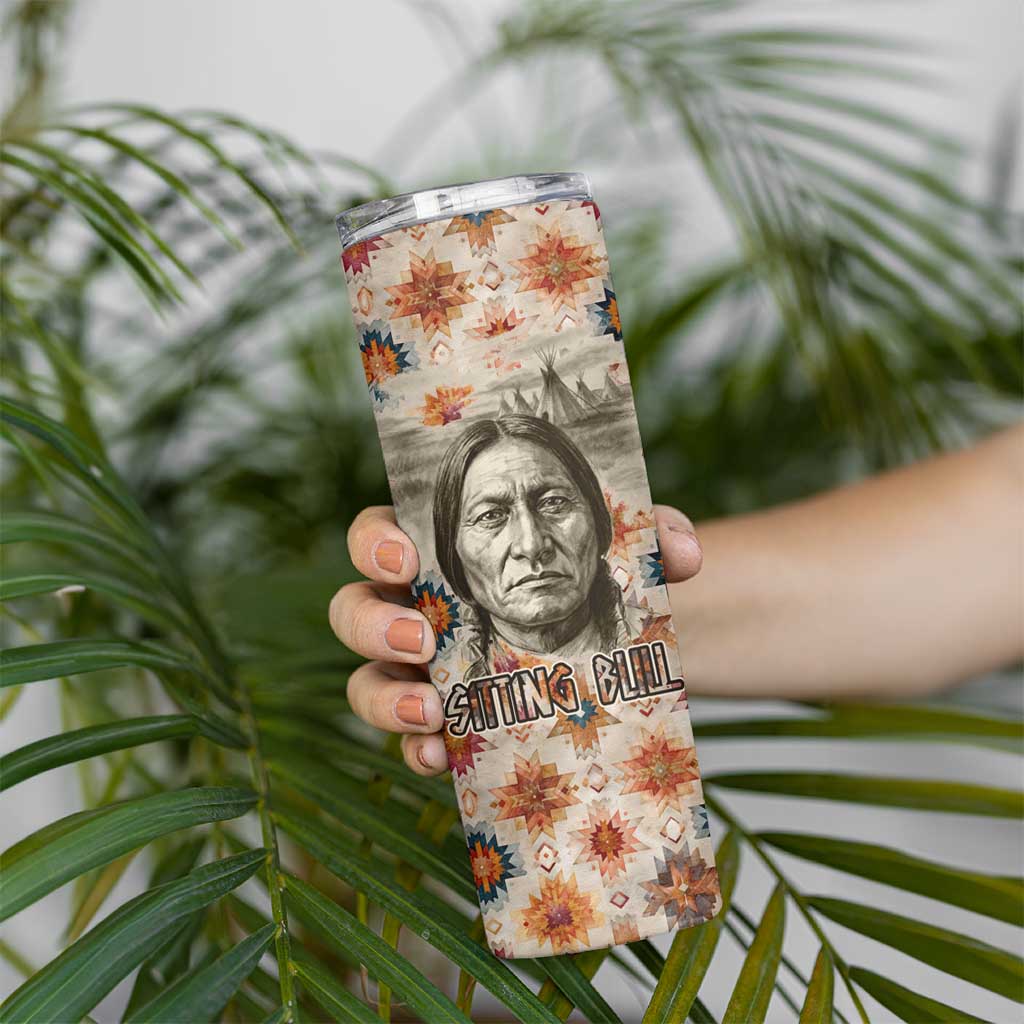 Sitting Bull Portrait Skinny Tumbler Native American Tipi with Feathers and Spears Indigenous Pride - Wonder Print Shop