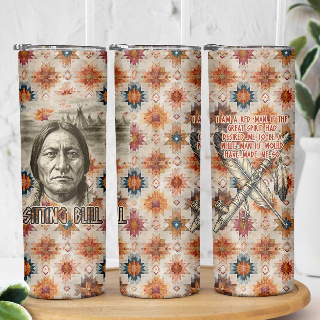 Sitting Bull Portrait Skinny Tumbler Native American Tipi with Feathers and Spears Indigenous Pride - Wonder Print Shop