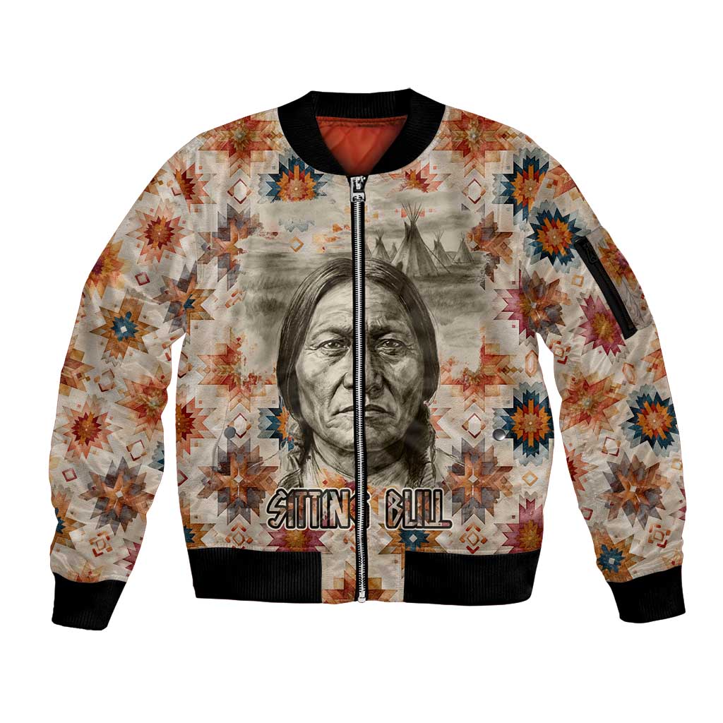 Sitting Bull Portrait Sleeve Zip Bomber Jacket Native American Tipi with Feathers and Spears Indigenous Pride - Wonder Print Shop