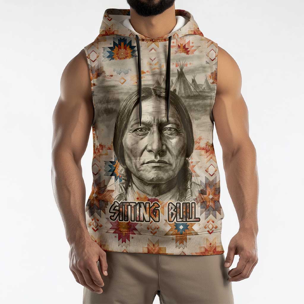 Sitting Bull Portrait Sleeveless Hoodie Native American Tipi with Feathers and Spears Indigenous Pride - Wonder Print Shop