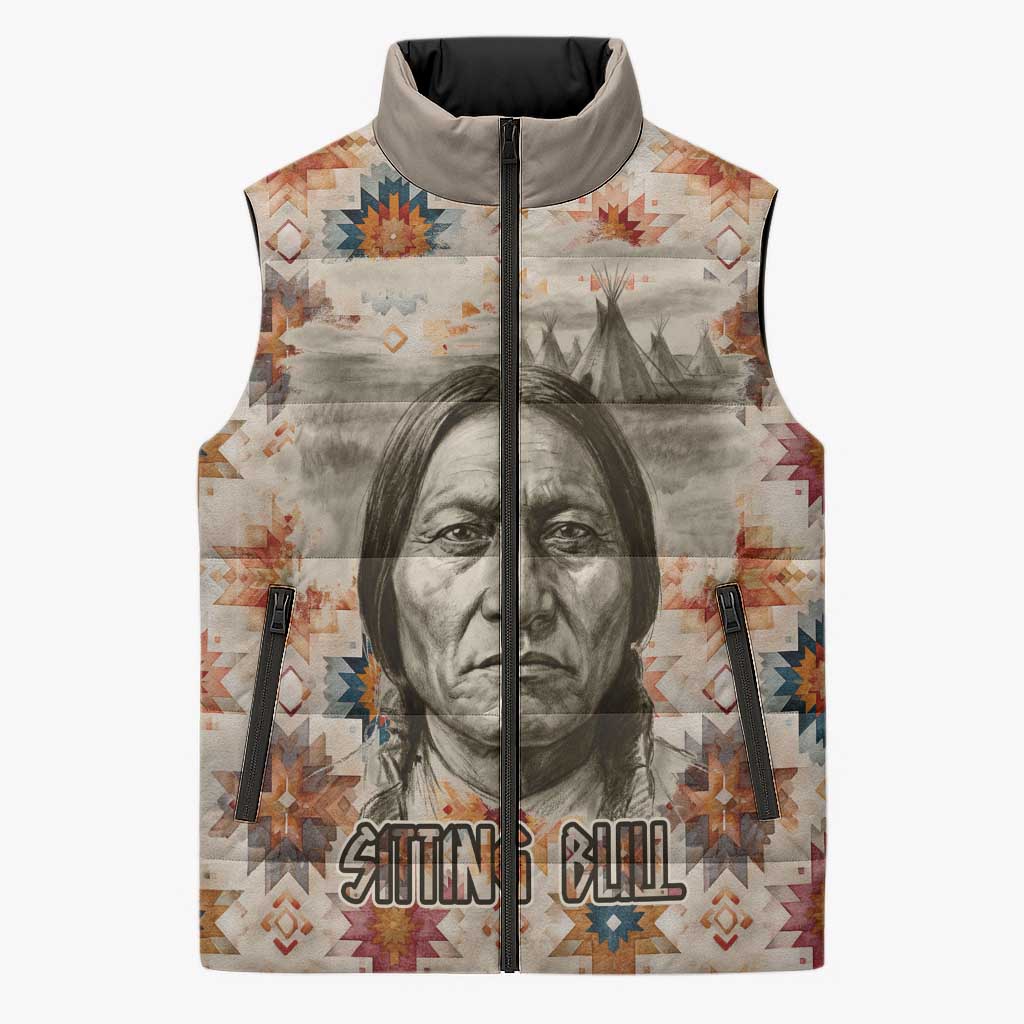 Sitting Bull Portrait Sleeveless Puffer Jacket Native American Tipi with Feathers and Spears Indigenous Pride - Wonder Print Shop
