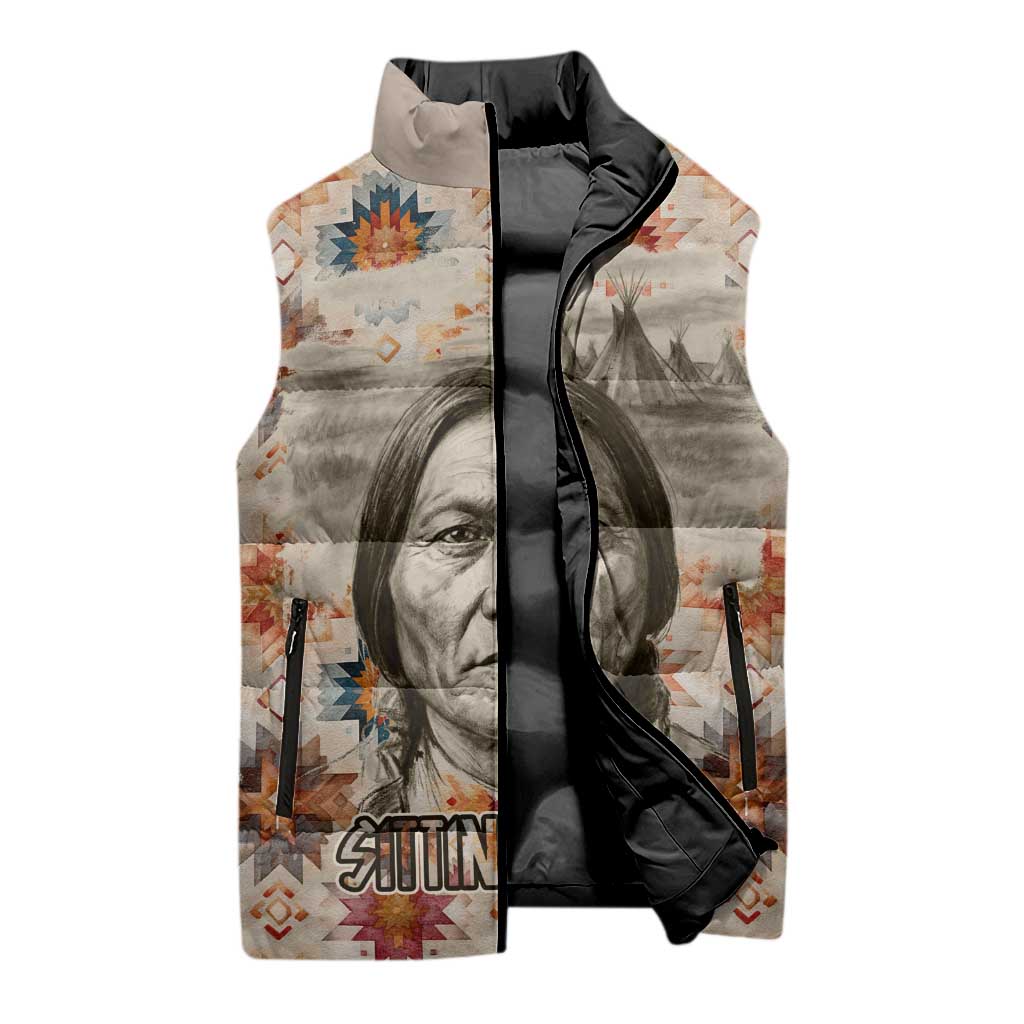 Sitting Bull Portrait Sleeveless Puffer Jacket Native American Tipi with Feathers and Spears Indigenous Pride - Wonder Print Shop
