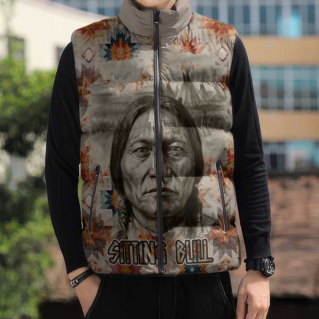 Sitting Bull Portrait Sleeveless Puffer Jacket Native American Tipi with Feathers and Spears Indigenous Pride - Wonder Print Shop