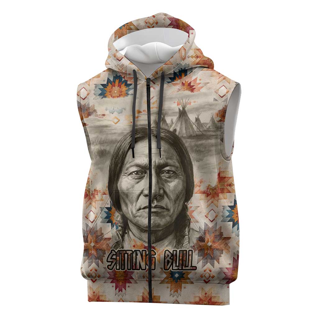 Sitting Bull Portrait Sleeveless Zip Hoodie Native American Tipi with Feathers and Spears Indigenous Pride - Wonder Print Shop