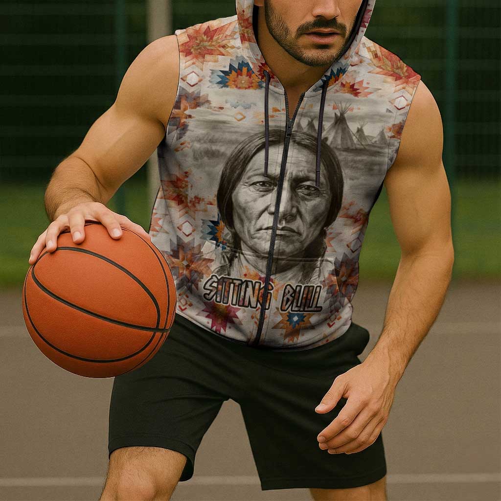 Sitting Bull Portrait Sleeveless Zip Hoodie Native American Tipi with Feathers and Spears Indigenous Pride - Wonder Print Shop