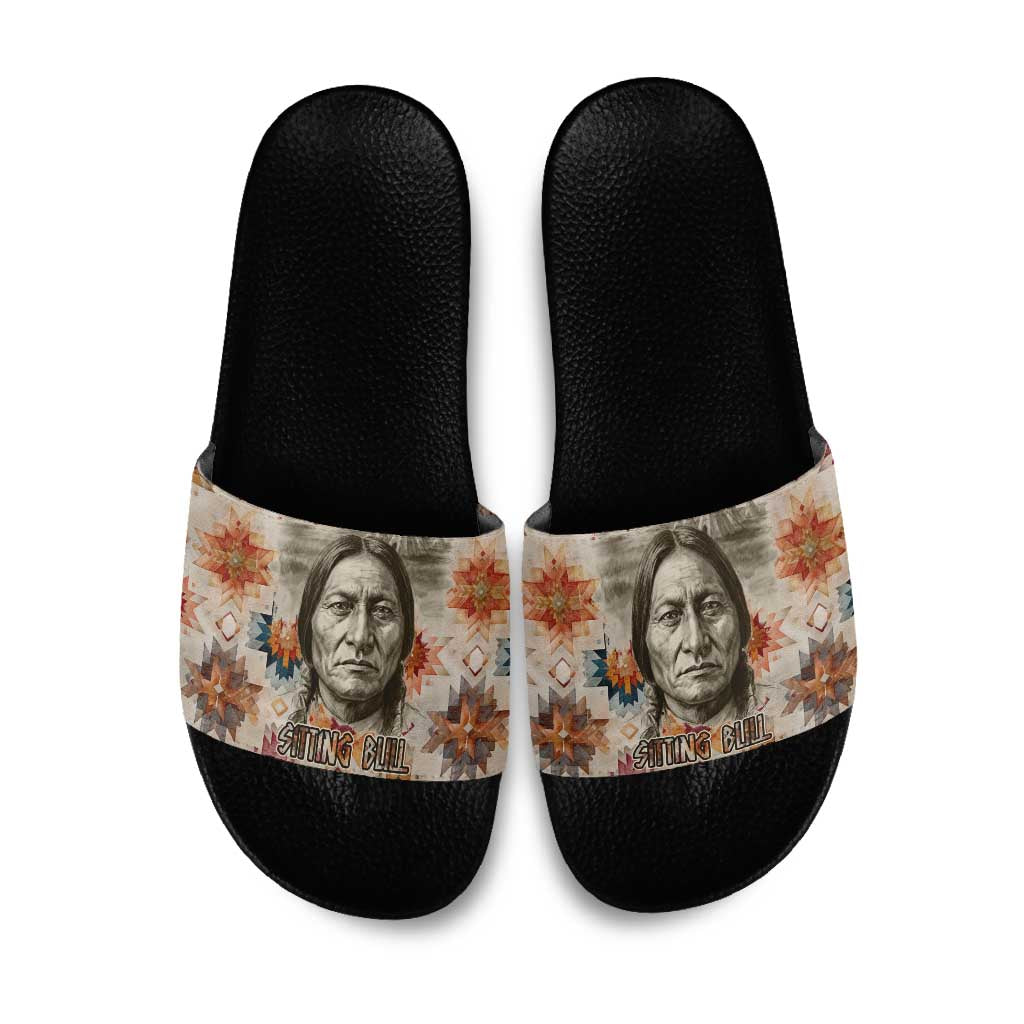 Sitting Bull Portrait Slide Sandals Native American Tipi with Feathers and Spears Indigenous Pride - Wonder Print Shop