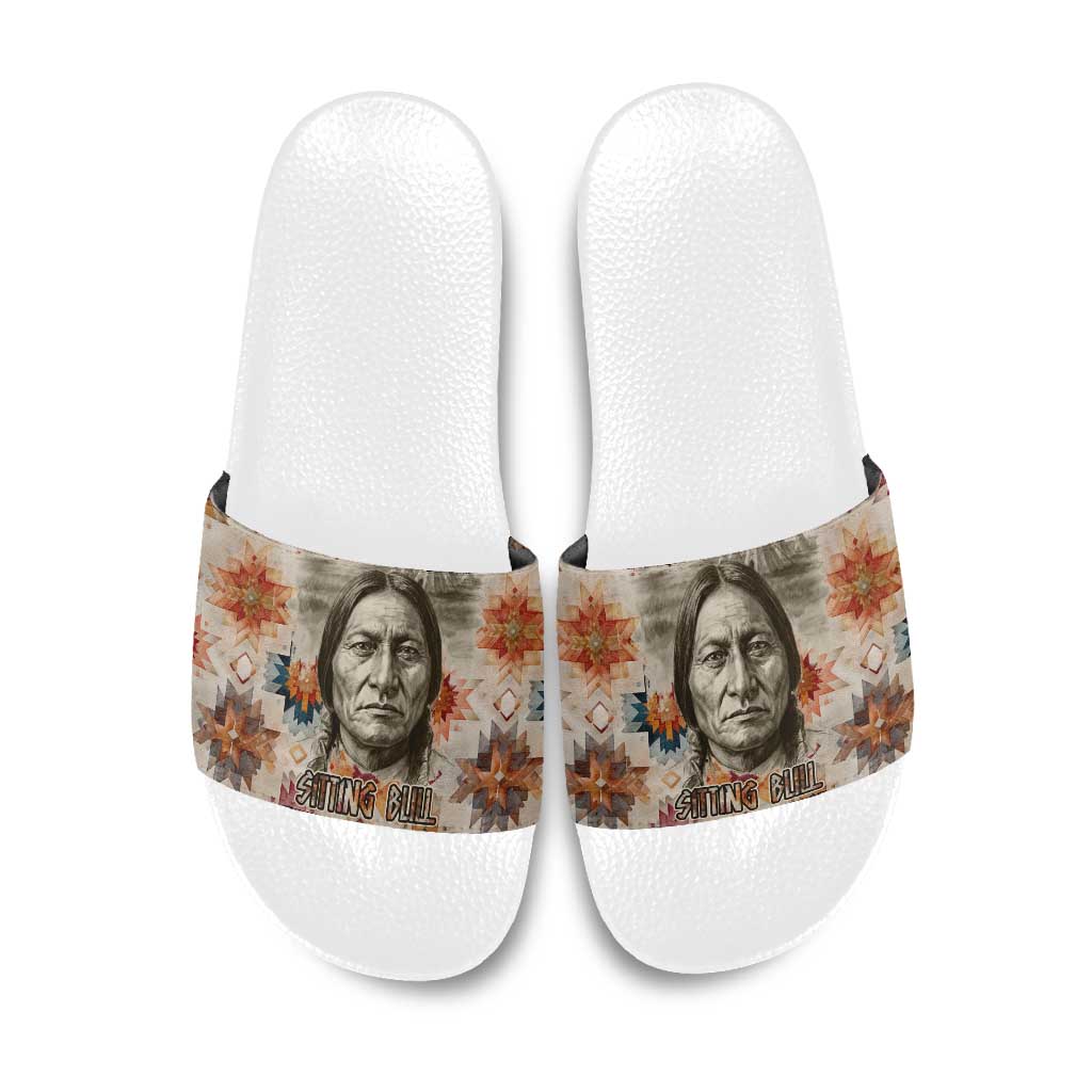 Sitting Bull Portrait Slide Sandals Native American Tipi with Feathers and Spears Indigenous Pride - Wonder Print Shop