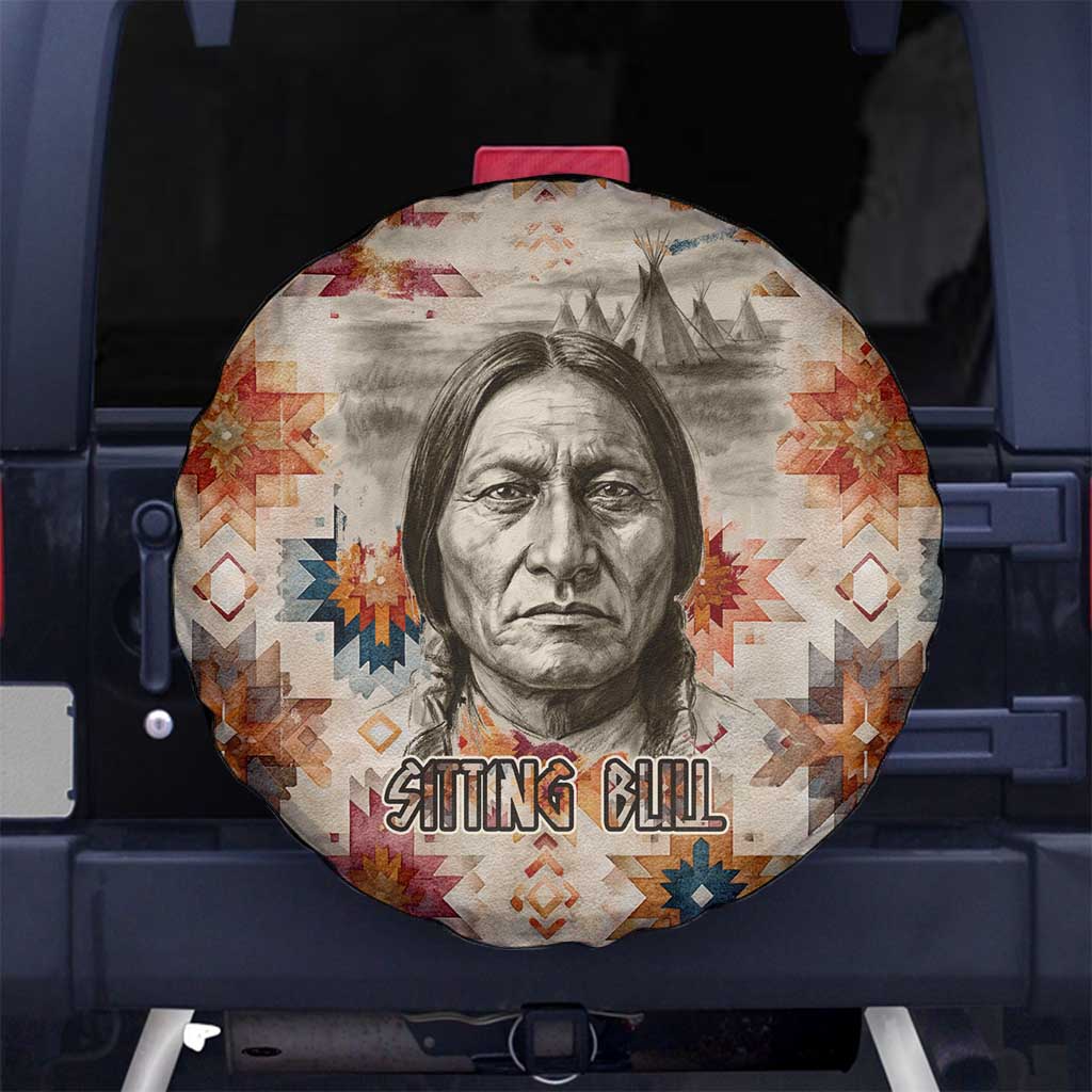 Sitting Bull Portrait Spare Tire Cover Native American Tipi with Feathers and Spears Indigenous Pride - Wonder Print Shop