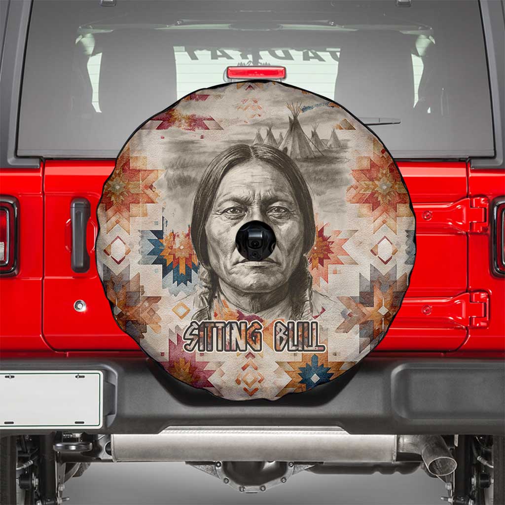 Sitting Bull Portrait Spare Tire Cover Native American Tipi with Feathers and Spears Indigenous Pride - Wonder Print Shop