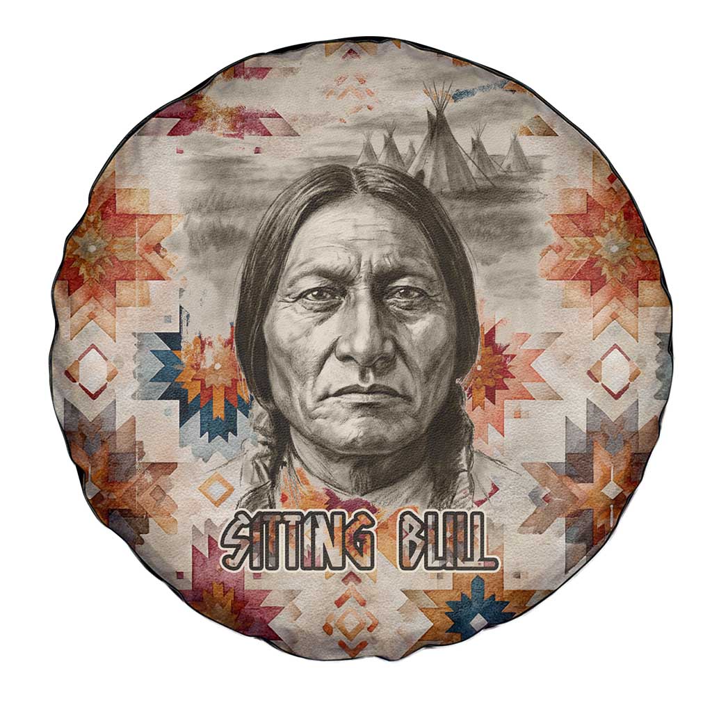 Sitting Bull Portrait Spare Tire Cover Native American Tipi with Feathers and Spears Indigenous Pride - Wonder Print Shop