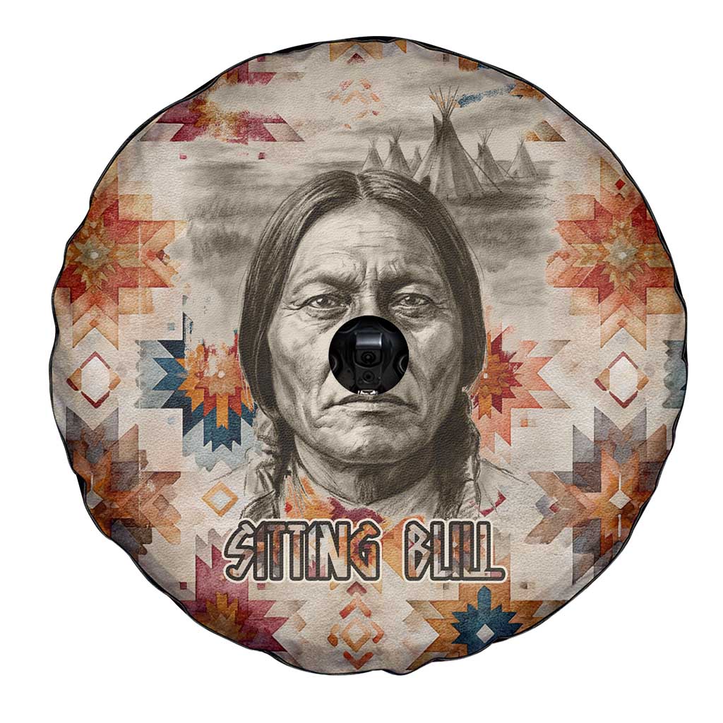 Sitting Bull Portrait Spare Tire Cover Native American Tipi with Feathers and Spears Indigenous Pride - Wonder Print Shop