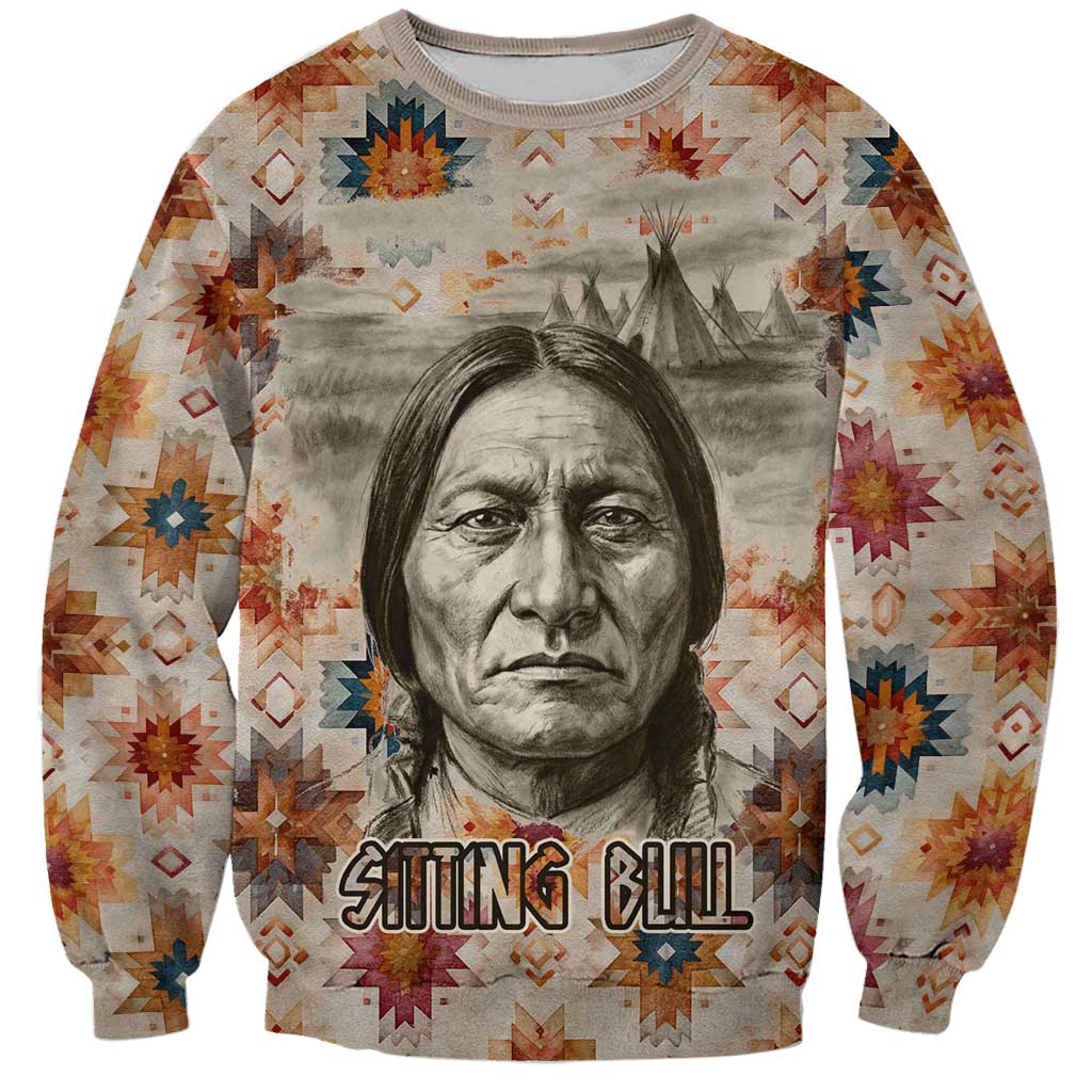 Sitting Bull Portrait Sweatshirt Native American Tipi with Feathers and Spears Indigenous Pride - Wonder Print Shop