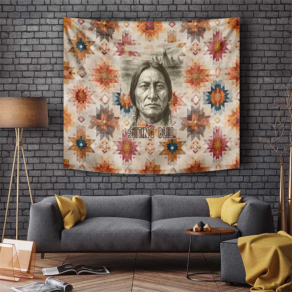 Sitting Bull Portrait Tapestry Native American Tipi with Feathers and Spears Indigenous Pride - Wonder Print Shop