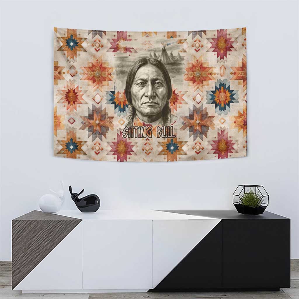 Sitting Bull Portrait Tapestry Native American Tipi with Feathers and Spears Indigenous Pride - Wonder Print Shop