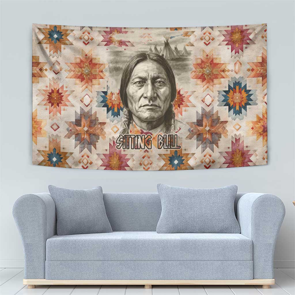 Sitting Bull Portrait Tapestry Native American Tipi with Feathers and Spears Indigenous Pride - Wonder Print Shop
