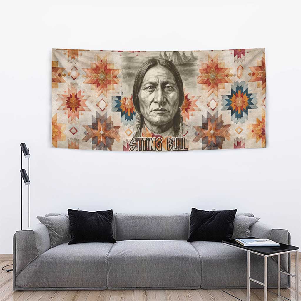 Sitting Bull Portrait Tapestry Native American Tipi with Feathers and Spears Indigenous Pride - Wonder Print Shop