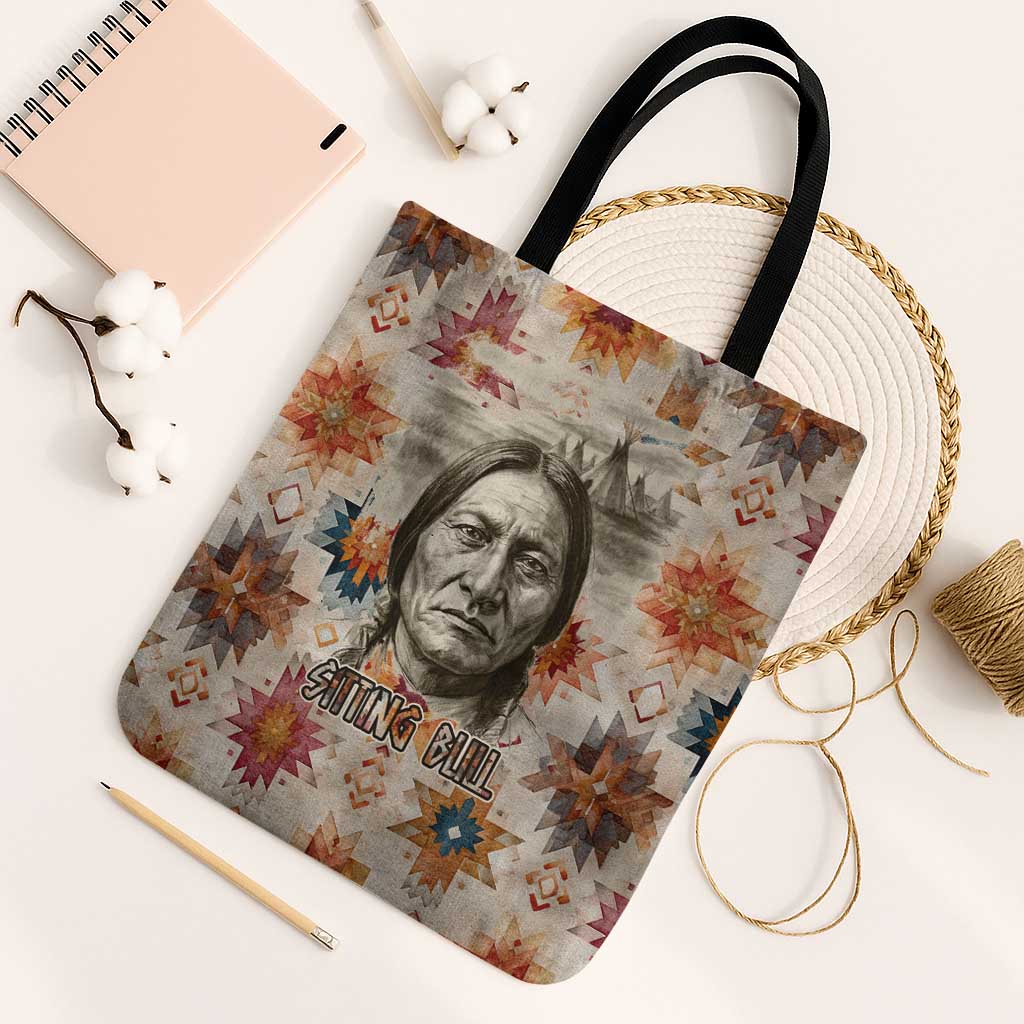 Sitting Bull Portrait Tote Bag Native American Tipi with Feathers and Spears Indigenous Pride - Wonder Print Shop