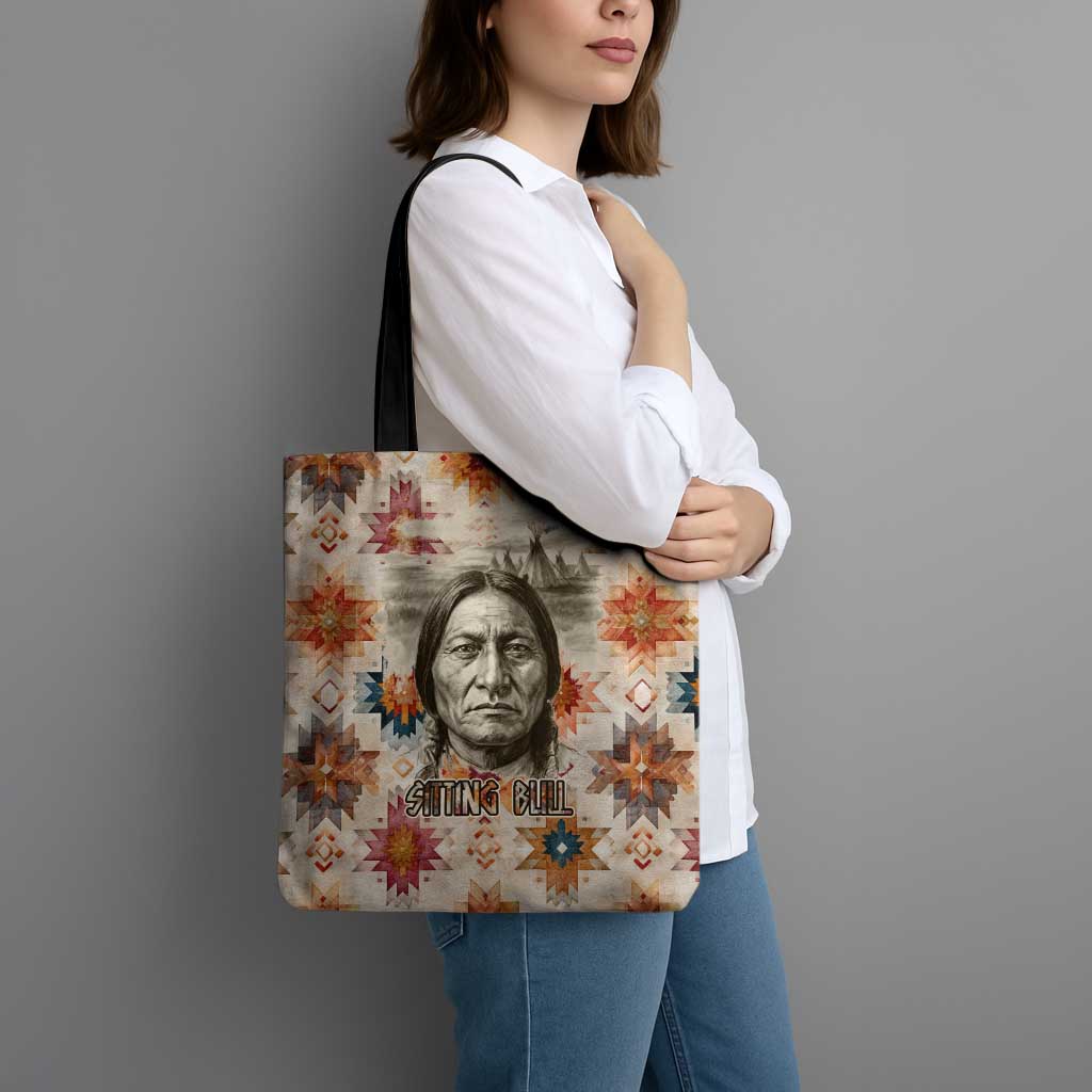 Sitting Bull Portrait Tote Bag Native American Tipi with Feathers and Spears Indigenous Pride - Wonder Print Shop
