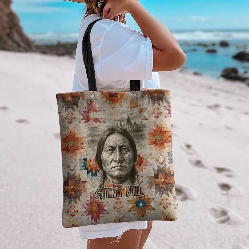 Sitting Bull Portrait Tote Bag Native American Tipi with Feathers and Spears Indigenous Pride - Wonder Print Shop