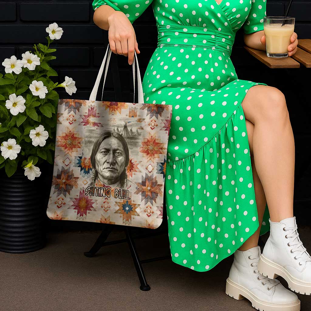 Sitting Bull Portrait Tote Bag Native American Tipi with Feathers and Spears Indigenous Pride - Wonder Print Shop
