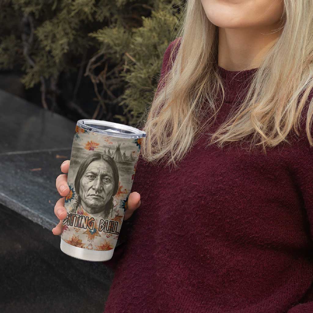 Sitting Bull Portrait Tumbler Cup Native American Tipi with Feathers and Spears Indigenous Pride - Wonder Print Shop