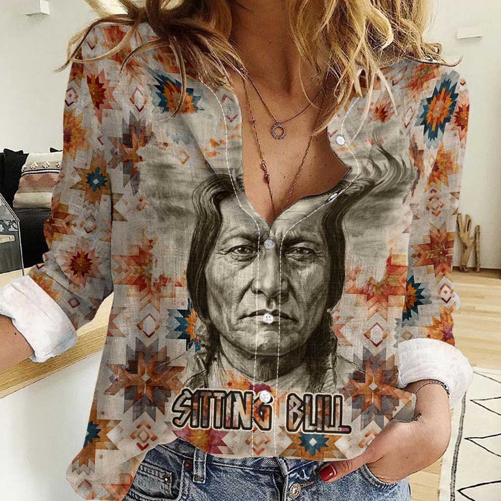 Sitting Bull Portrait Women Casual Shirt Native American Tipi with Feathers and Spears Indigenous Pride - Wonder Print Shop