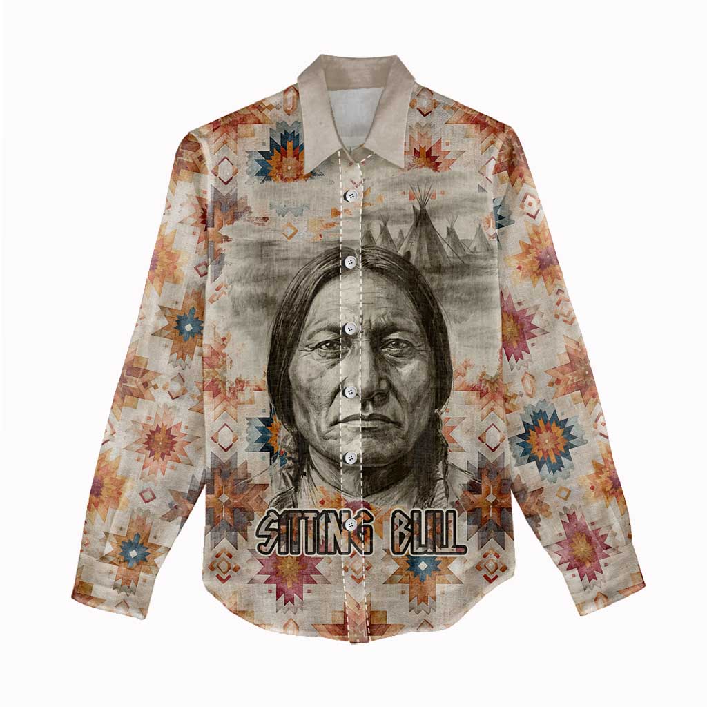 Sitting Bull Portrait Women Casual Shirt Native American Tipi with Feathers and Spears Indigenous Pride - Wonder Print Shop