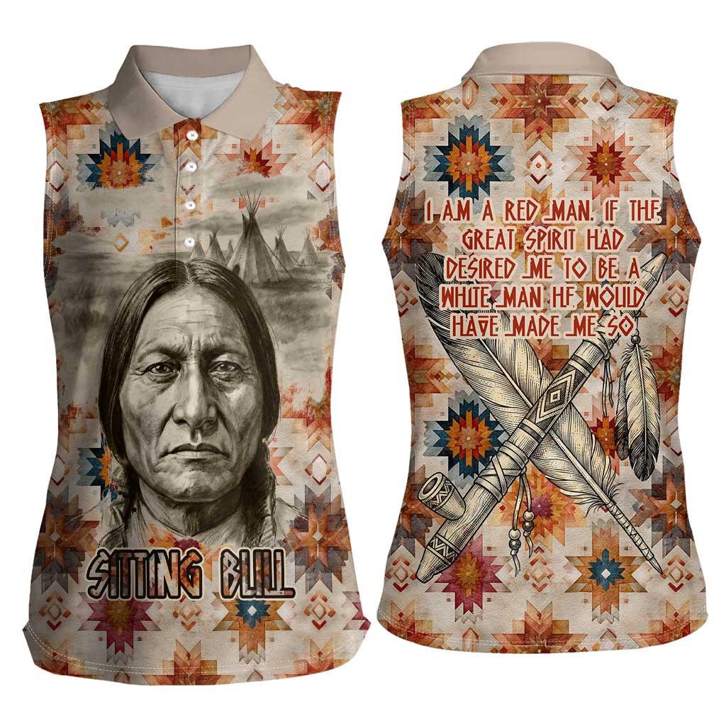 Sitting Bull Portrait Women Sleeveless Polo Shirt Native American Tipi with Feathers and Spears Indigenous Pride - Wonder Print Shop