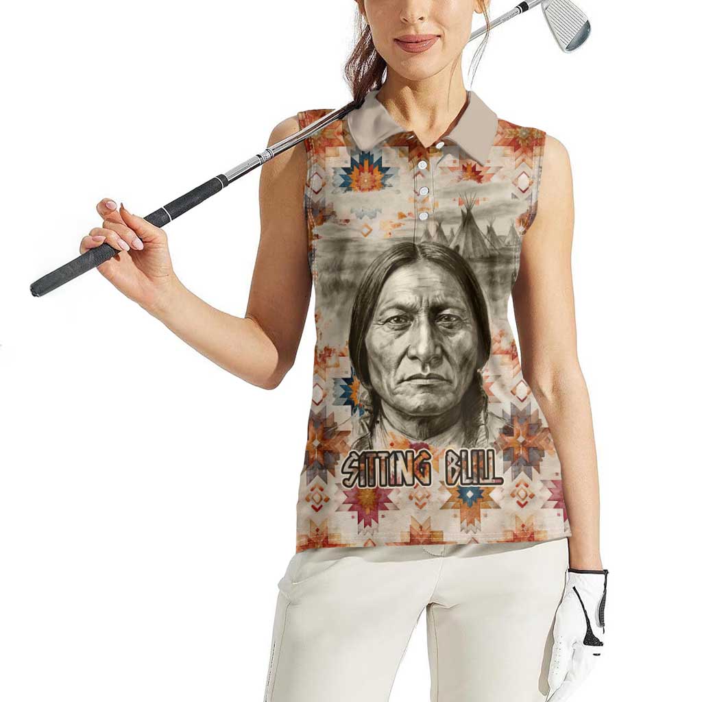 Sitting Bull Portrait Women Sleeveless Polo Shirt Native American Tipi with Feathers and Spears Indigenous Pride - Wonder Print Shop