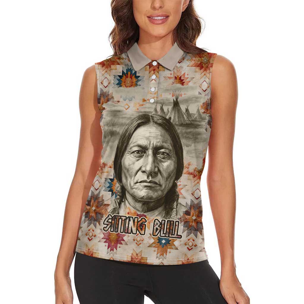Sitting Bull Portrait Women Sleeveless Polo Shirt Native American Tipi with Feathers and Spears Indigenous Pride - Wonder Print Shop