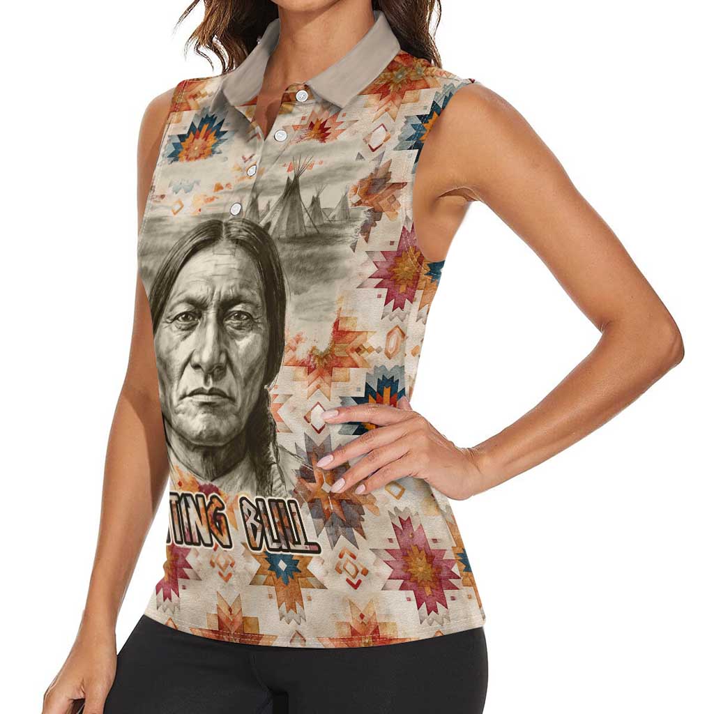 Sitting Bull Portrait Women Sleeveless Polo Shirt Native American Tipi with Feathers and Spears Indigenous Pride - Wonder Print Shop