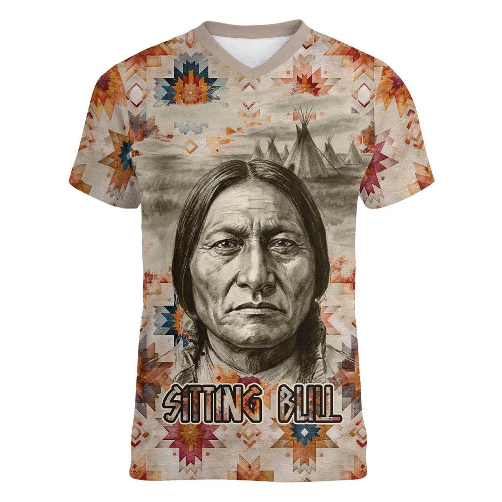 Sitting Bull Portrait Women V-Neck T-Shirt Native American Tipi with Feathers and Spears Indigenous Pride - Wonder Print Shop