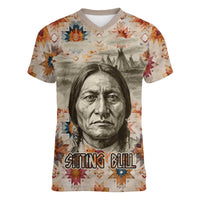 Sitting Bull Portrait Women V-Neck T-Shirt Native American Tipi with Feathers and Spears Indigenous Pride - Wonder Print Shop