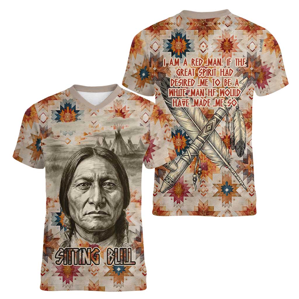 Sitting Bull Portrait Women V-Neck T-Shirt Native American Tipi with Feathers and Spears Indigenous Pride - Wonder Print Shop
